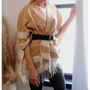 Walter Baker Veruschka Reversible Poncho Camel Ivory Fringe Wrap O/S NWT